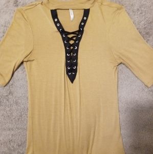 Mustard Yellow and Black Lace Up Shirt